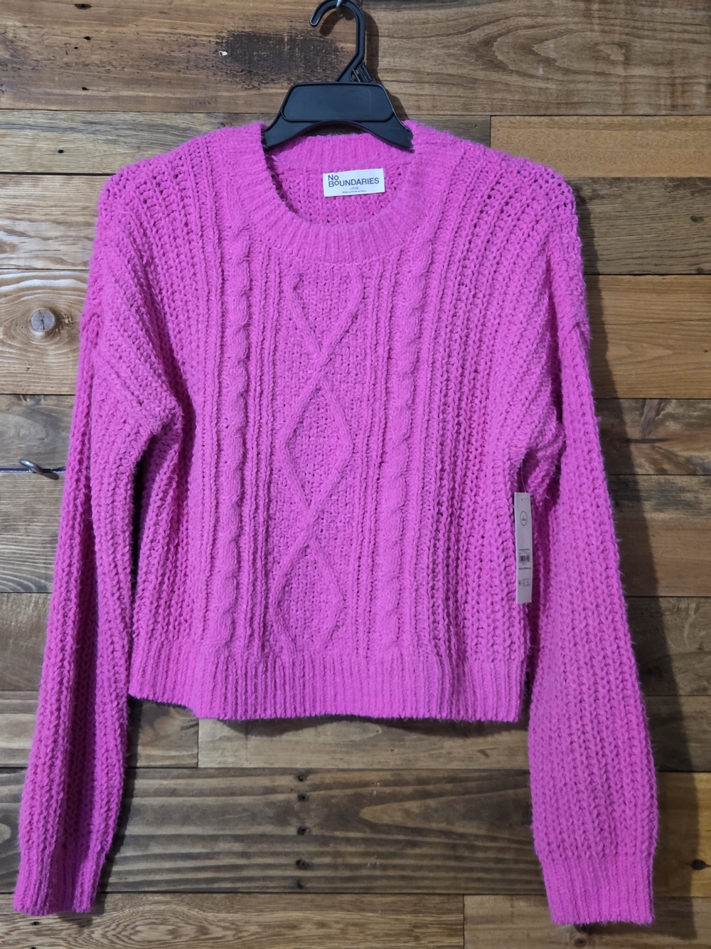No Boundaries Barbiecore Cable Knit Sweater L 12-14 Hot Pink Cropped Acrylic NWT